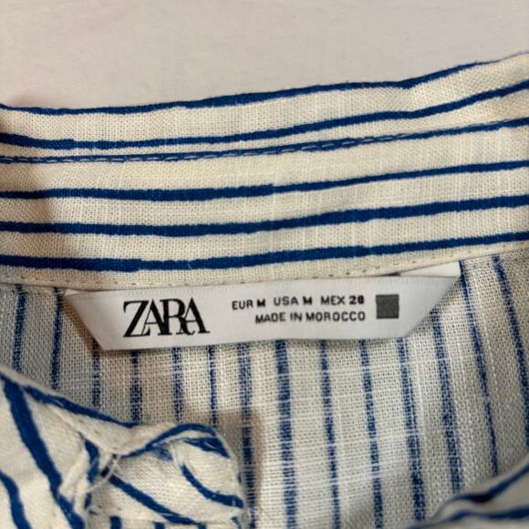 Zara women’s crop blue white striped tie front button shirt. Linen blend. Size M - Picture 6 of 6